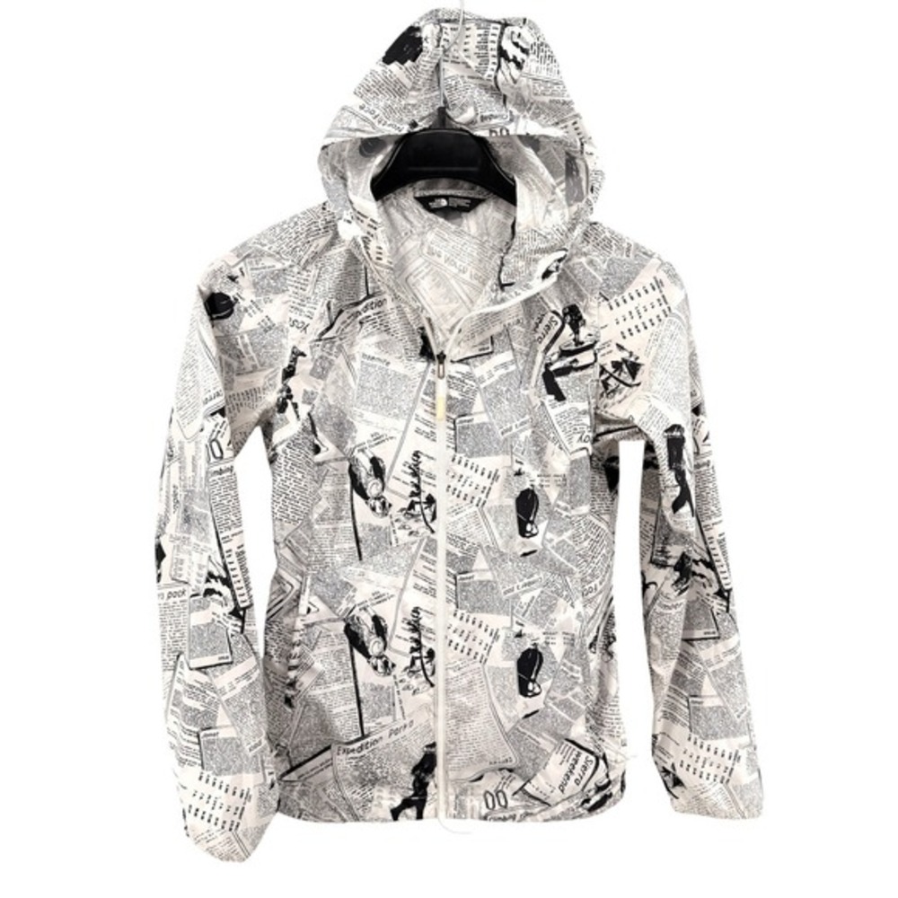 The North Face Newspaper Print Womens XS Pre-Owned Windbreaker White Rain Jacket